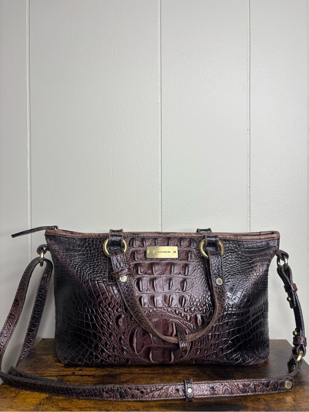 BRAHMIN ASHER SHOULDER PURSE BAG COCOA MELBOURNE LEATHER CROCODILE EMBOSSED - Picture 2 of 9